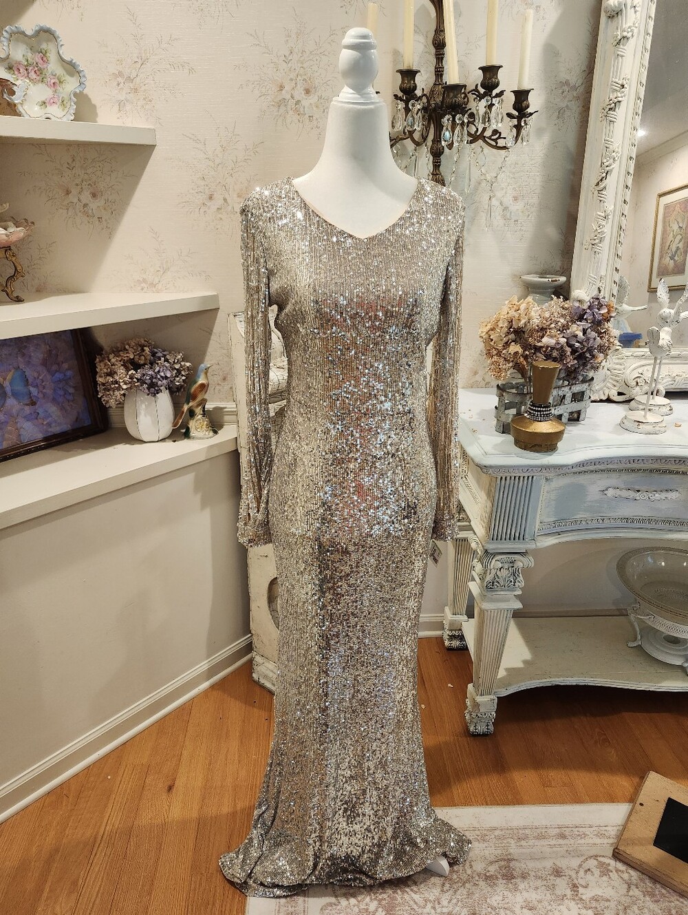 Champagne Liquid Sequin Old Hollywood Liza Stage Glam Stretch Dress Gown M